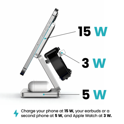Multi-device charging stand with power ratings for phone, earbuds, and Apple Watch on a white backgrou