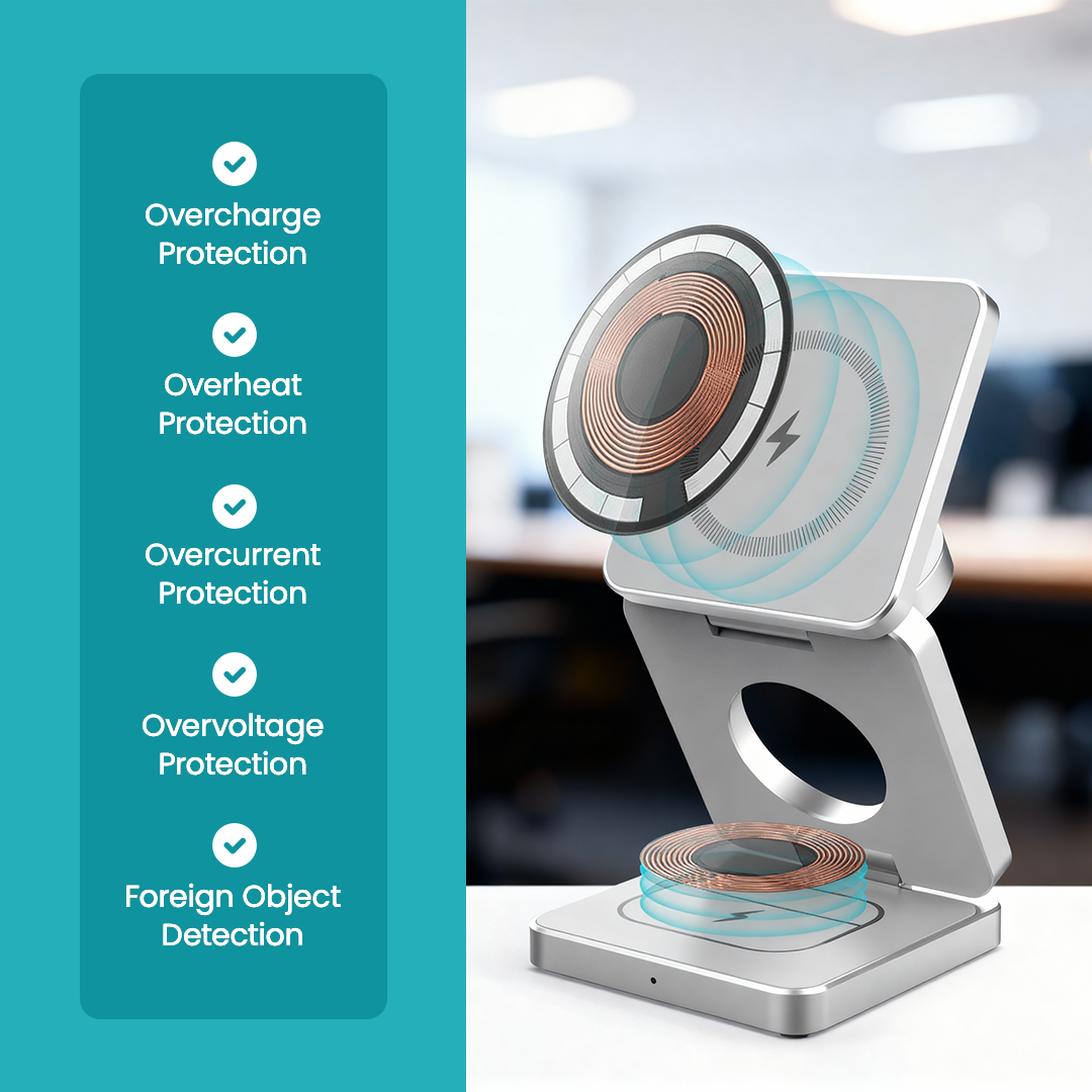 Wireless charger with protection features on a blurred office background