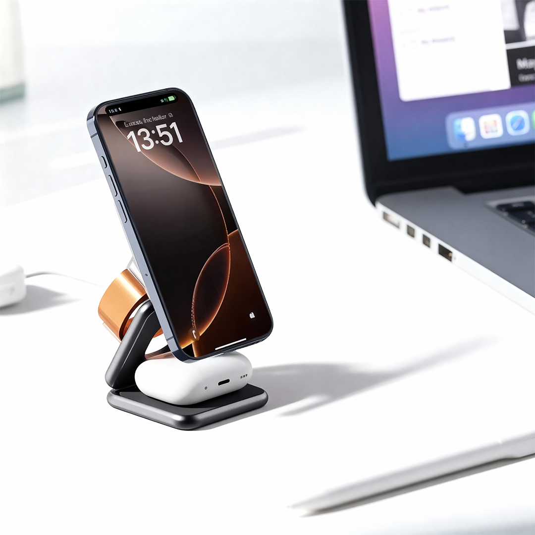 Smartphone, wireless earbuds, and phone stand on a desk with a laptop in the background