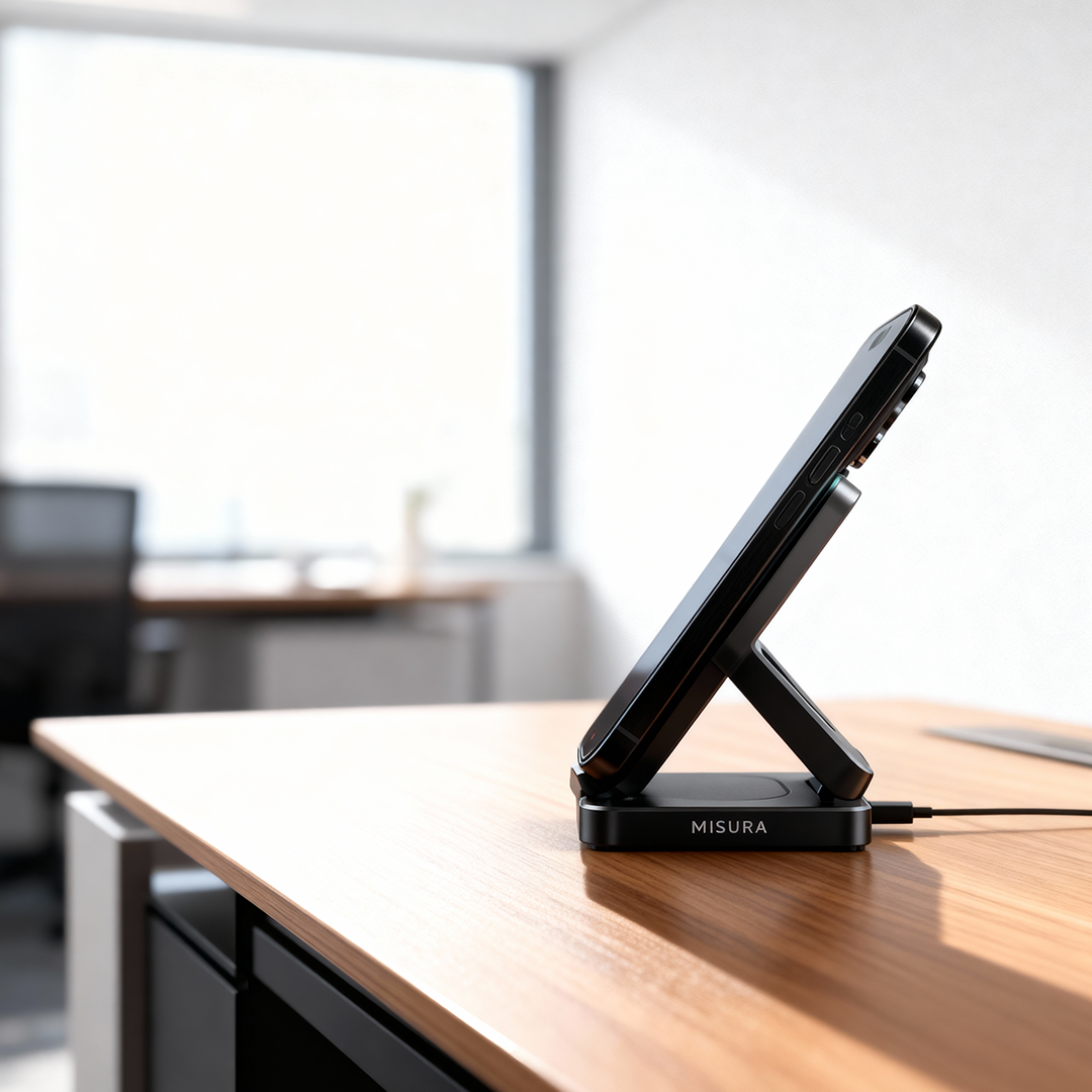 Black phone stand on a wooden desk with a blurred office background